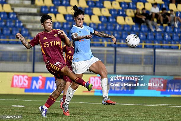Martina Piemonte of Lazio women competes for the ball with Samantha Van Diemen of Roma women during the Serie A Women's Cup Semi-final between AS...