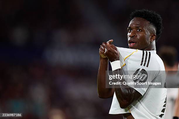 Vinicius Junior of Real Madrid celebrates after scoring his side's first goal during the LaLiga EA Sports match between Levante UD and Real Madrid CF...