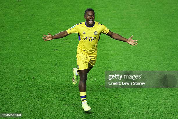WIGAN, ENGLAND Donnel McNeilly of Wycombe Wanderers celebrates scoring his team's second goal during the Carabao Cup Third Round match between Wigan...