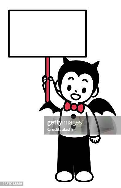 ein süßer vampirjunge, lächelnd, ein leeres schild hochhaltend und den betrachter anschauend. vorderansicht, schwarzer umriss mit flachen farben, minimalistischer stil - süßes oder saures halloweenspruch stock-grafiken, -clipart, -cartoons und -symbole