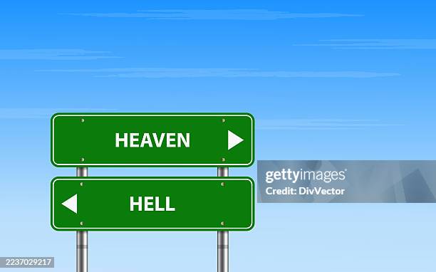 heaven or hell concept green road sign - hell stock illustrations