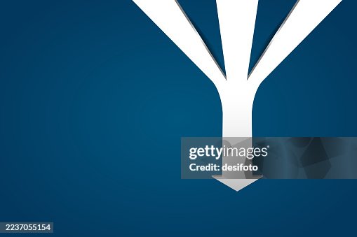 Three downward silver white colored shiny three dimensional 3D merging down arrow for decreasing profits, business recession, sales, reduction, low dropped price over blank horizontal vector blue background with copy space, back direction road sign Three downward silver white colored shiny three dimensional 3D merging down arrow for decreasing profits, business recession, sales, reduction, low dropped price over blank horizontal vector blue background with copy space, back direction road sign