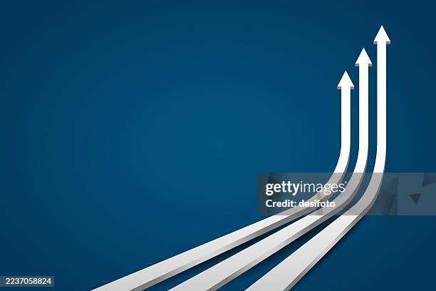 three upward silver white colored shiny three dimensional 3d taking off up ascending order arrows for increasing profits, business growth, sales, progress, development over blank horizontal vector blue background with copy space togetherness, cooperation - integrated systems icon stock illustrations