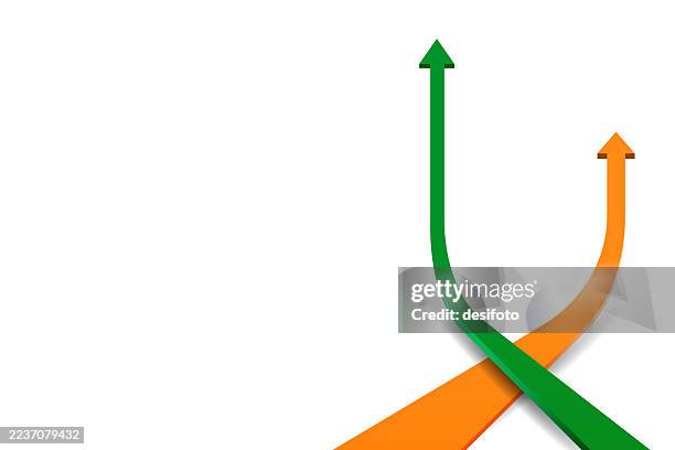 two upward orange and green colored crisscrossing crossing shiny three dimensional 3d taking off up arrows as in indian national flag for sky rocketing business growth, cross sales, progress leap, development launch pad over blank white vector background - launch pad stock illustrations
