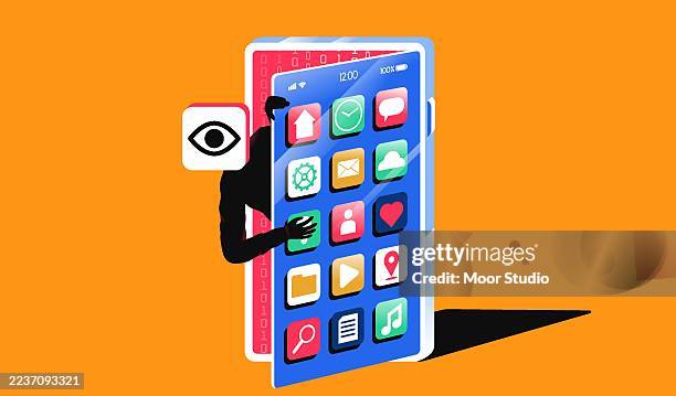 hacker getting out from the phone vector illustration - scammer stock illustrations