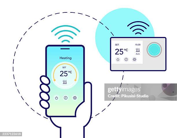 smartphone controlling smart thermostat temperature for home heating, wireless mobile app connected to smart heating system - remote temperature control stock illustrations