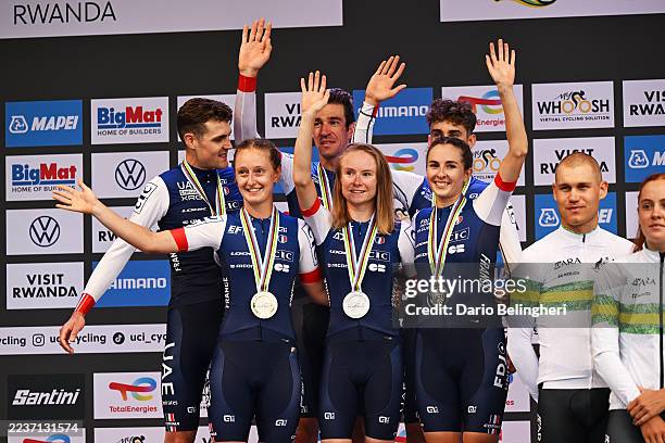 Silver medalists Bruno Armirail, Paul Seixas, Pavel Sivakov, Cedrine Kerbaol, Juliette Labous, Maeva Squiban and Team France celebrates winning...