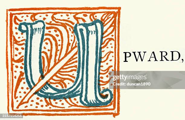 ornate capital letter u, upward, vintage illustration, 19th century - quill pen stock illustrations