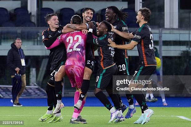 Player of Venezia FC celebrate winning the match against Hellas Verona FC during the Coppa Italia match between Hellas Verona and Venezia at Stadio...
