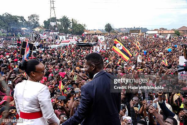 Bobi Wine and Barbie Kyagulanyi being cheered by their supporters during the nomination rally in Nateete village on September 24, 2025 in Kampala...