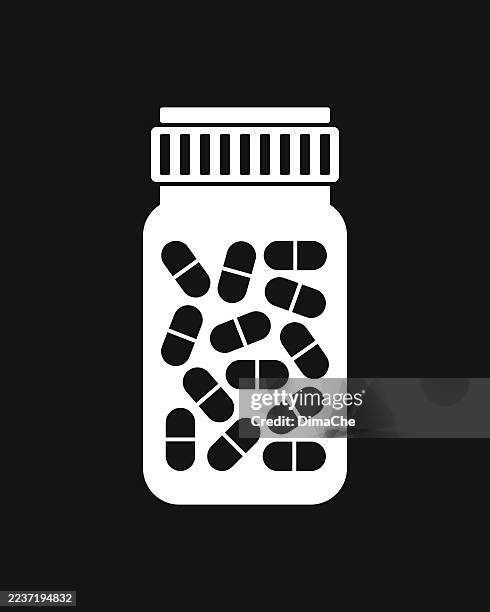 pill bottle, bottle with oval capsules - cut out pill bottle silhouette, vector icon, logo, sticker, stencil - decal stock illustrations