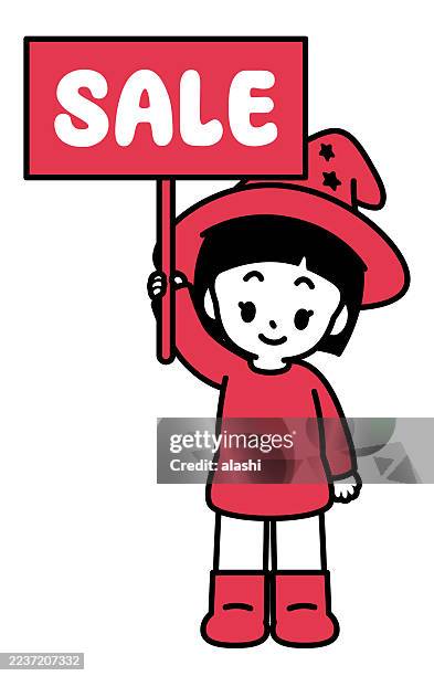 eine süße hexe mit einem hexenhut, lächelnd, mit einem sale-schild in der hand und dem betrachter zuschauend. vorderansicht, schwarzer umriss mit flachen farben, minimalistischer stil - süßes oder saures halloweenspruch stock-grafiken, -clipart, -cartoons und -symbole