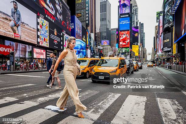 Queen Maxima of The Netherlands walking at Times Square on September 23, 2025 in New York City. Queen Maxima visits New York in her capacity as...