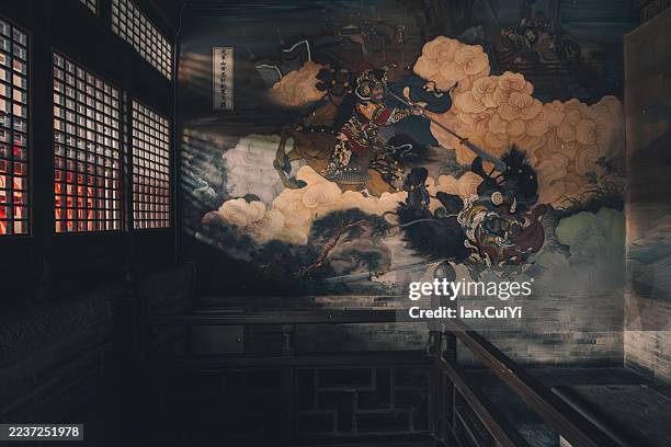 ancient warrior mural inside datong guandi temple, datong, shanxi, china - chinese script stock pictures, royalty-free photos & images
