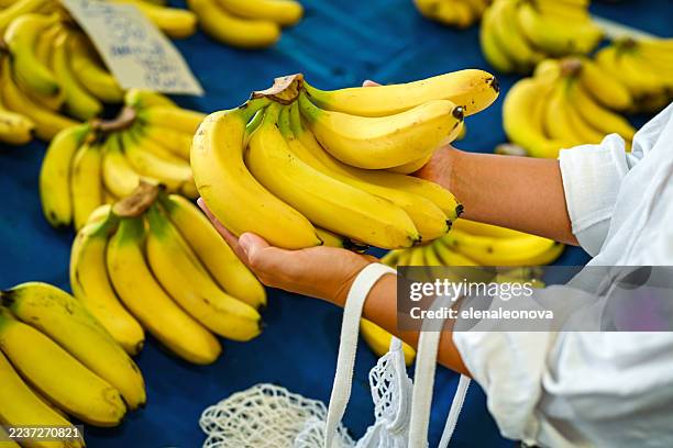 une jeune femme achète des fruits et légumes frais au marché - à maturité photos et images de collection