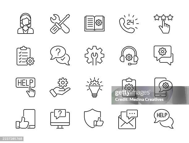 technical support icons - editable storke thin line series icon - technical issues stock illustrations