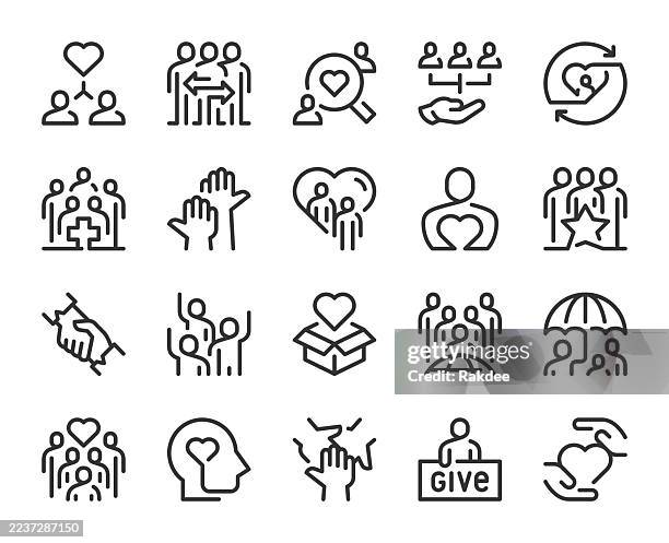 ilustraciones, imágenes clip art, dibujos animados e iconos de stock de voluntario - iconos de línea - servicios sociales