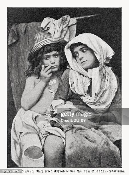 gypsy children, halftone print, published in 1897 - taormina italy stock illustrations