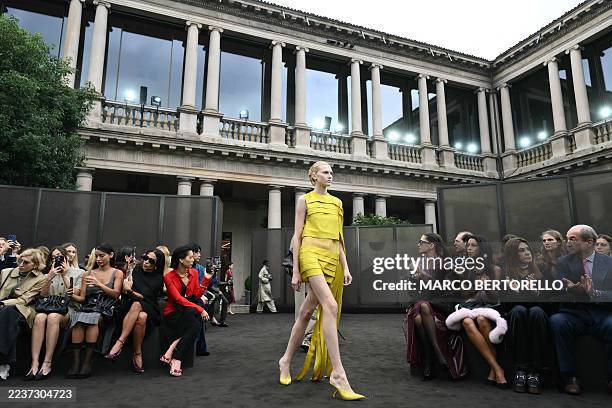 Model Alex Consani walks the runway during the Ferragamo collection show at Milan's Fashion Week Womenswear Spring / Summer 2026, on September 27,...