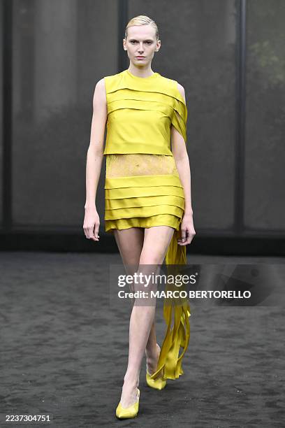 Model Alex Consani walks the runway during the Ferragamo collection show at Milan's Fashion Week Womenswear Spring / Summer 2026, on September 27,...