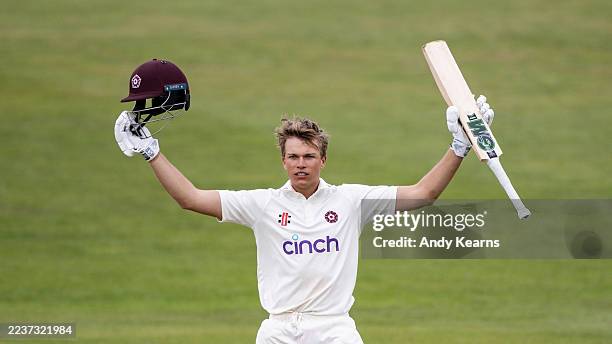 Stuart van der Merwe of Northamptonshire acknowledges the applause on reaching his maiden first-class century during Day Four of the Rothesay County...