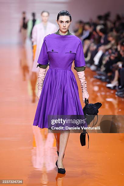 Model walks the runway at the Prada fashion show during the Milan Womenswear Spring/Summer 2026 on September 25, 2025 in Milan, Italy.