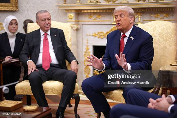 President Donald Trump delivers remarks during a meeting with President of Turkey Recep Tayyip Erdogan in the Oval Office at the White House on...