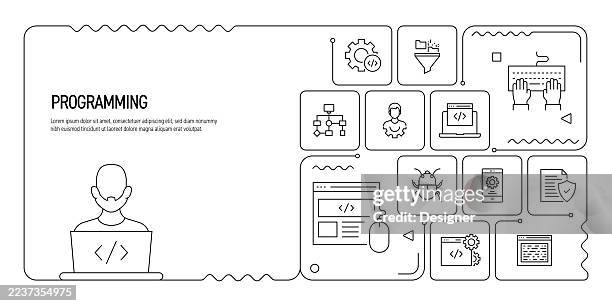 programming related vector illustration. coding, developer, devops, computer software, connection - infinity icon editable stock illustrations