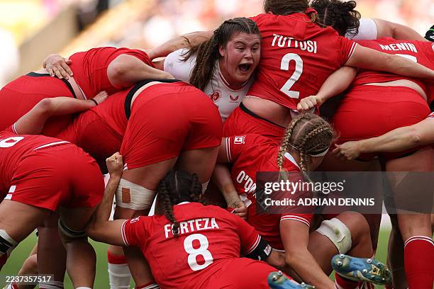 England's prop Maud Muir as the scrum collapses during the Women's Rugby World Cup final between Canada and England at The Allianz Stadium,...