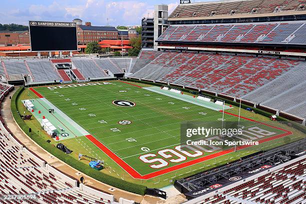 An overview of the stadium and playing field prior to the Saturday evening college football game between the Alabama Crimson Tide and the University...