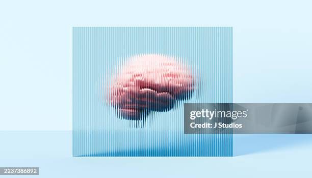 distorted brain behind reeded glass visualizing headaches and migraine pain - menselijke hersenen stockfoto's en -beelden
