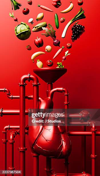 conceptual heart nourished by fruits and vegetables representing heart health - cholesterol stockfoto's en -beelden
