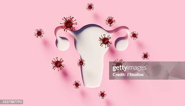 uterus cutout surrounded by virus symbols representing infection and reproductive health risks - human papilloma virus stock pictures, royalty-free photos & images