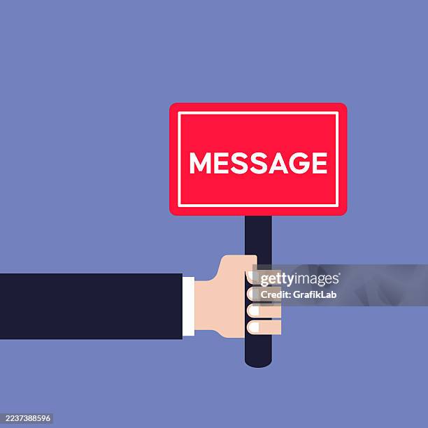 vector hand holding red sign highlighting message on blue background - clothing flat lay stock illustrations