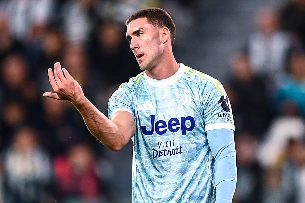 Dusan Vlahovic of Juventus FC reacts during the Serie A match between Juventus FC and Atalanta BC at Allianz Stadium on September 27, 2025 in Turin,...