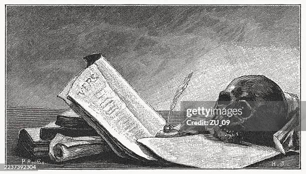 vanitas still life, wood engraving, published in 1897 - quill pen stock illustrations