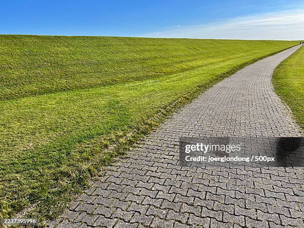 paved path winding through a vibrant green grassy field under a clear blue sky on a sunny day,langeoog,germany - ostfriesland stock-fotos und bilder