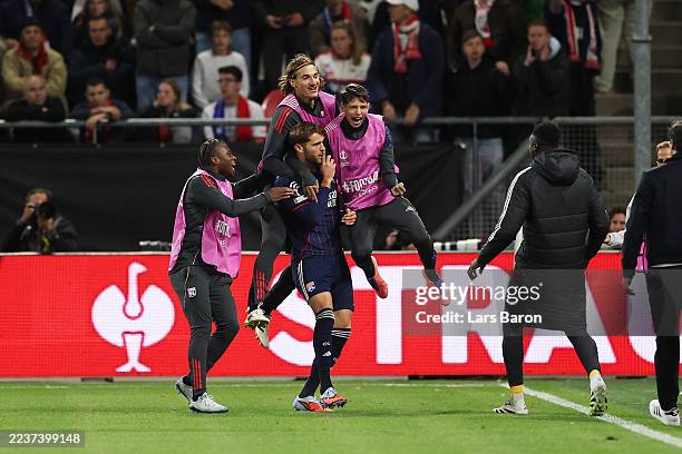 Tanner Tessmann of Olympique Lyonnais celebrates scoring his team's first goal with his teammates during the UEFA Europa League 2025/26 League Phase...