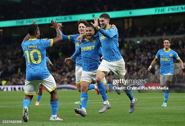 Santiago Bueno of Wolverhampton Wanderers goal celebration with Joao Gomes & Jhon Arias of Wolverhampton Wanderers after scoring a goal to put...