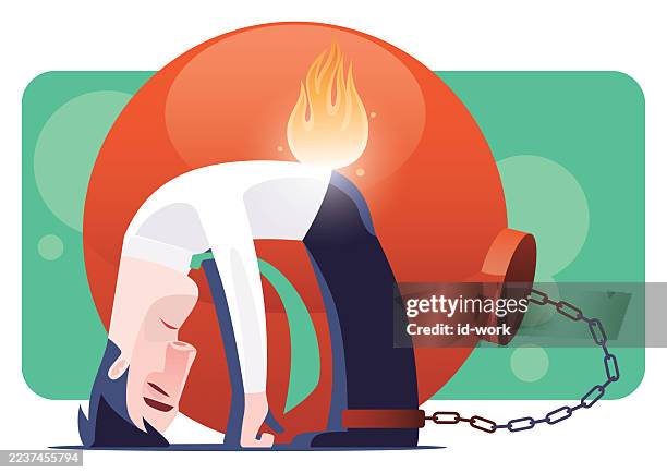 trauriger geschäftsmann mit ball und kette mit rückenschmerzen - chronische erkrankung stock-grafiken, -clipart, -cartoons und -symbole