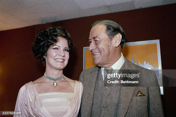 American actors Nancy Ringham and Rex Harrison posing after their opening night performance of 'My Fair Lady' at the Uris Theatre on Broadway, New...