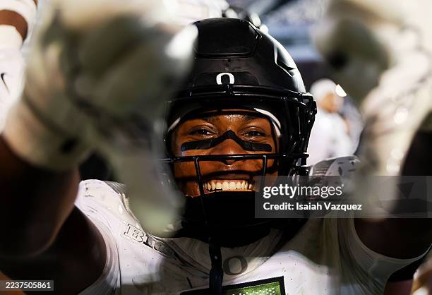 Jamari Johnson of the Oregon Ducks celebrates after defeating the Penn State Nittany Lions at Beaver Stadium on September 27, 2025 in State College,...