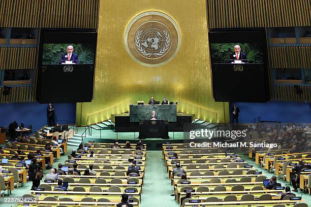 Israeli Prime Minister Benjamin Netanyahu addresses world leaders during the United Nations General Assembly at the United Nations headquarters on...
