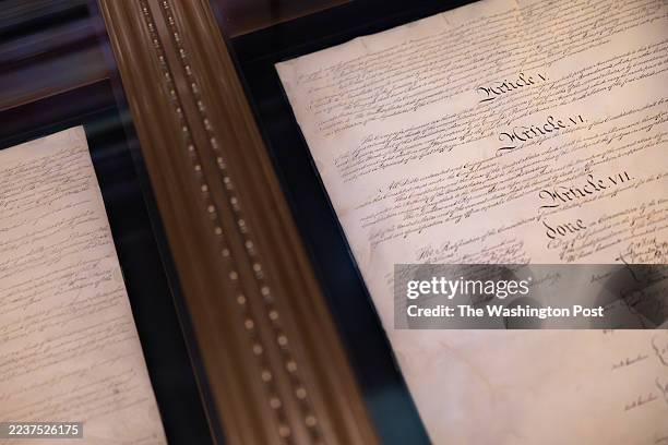 Article V of the U.S. Constitution, displayed for the public on September 23, 2025 at the National Archives in Washington. For the first time in...