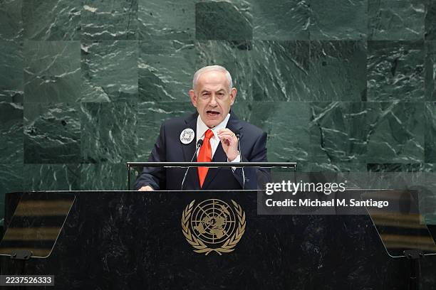 Prime Minister of Israel Benjamin Netanyahu speaks during the United Nations General Assembly at the United Nations headquarters on September 26,...