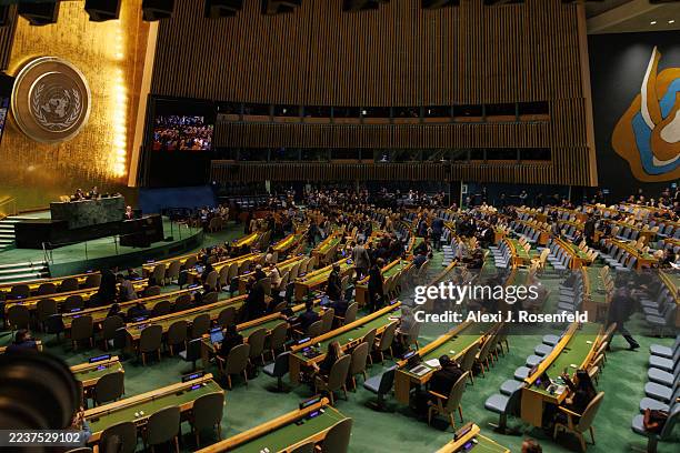 People walk out of Israeli Prime Minister Benjamin Netanyahu speech at the 80th session of the United Nations General Assembly on September 26, 2025...