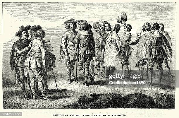 reunion of artists, after diego velázquez, 17th century, art, vintage illustration - diego rodrÃguez de silva y velázquez artist stock illustrations