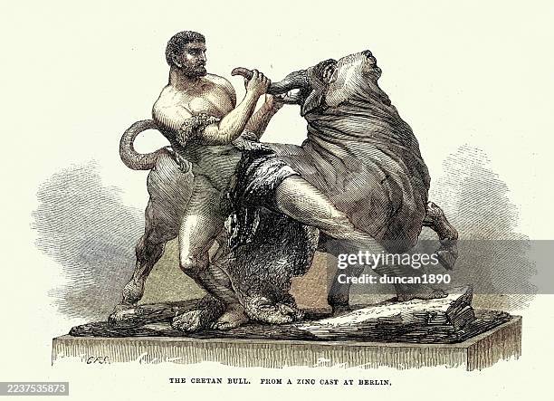 illustrations, cliparts, dessins animés et icônes de mythologie grecque, hercule capture le taureau crétois, illustration vintage - hercule personnage mythologique