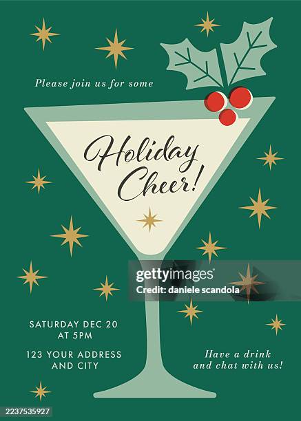 ilustrações de stock, clip art, desenhos animados e ícones de holiday cheer party invitation with martini glass. - estilo moderno de meados do século