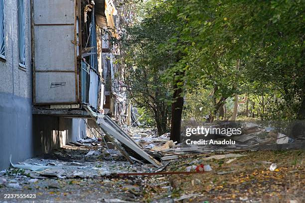 Firefighters extinguish the fire after Russian aerial and drone attacks in the Zaporizhzhia region of Ukraine on September 28, 2025. As a result of...